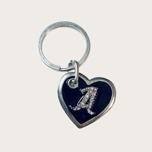 A Heart Keychain Keyring Black Enamel Rhinestones Silvertone